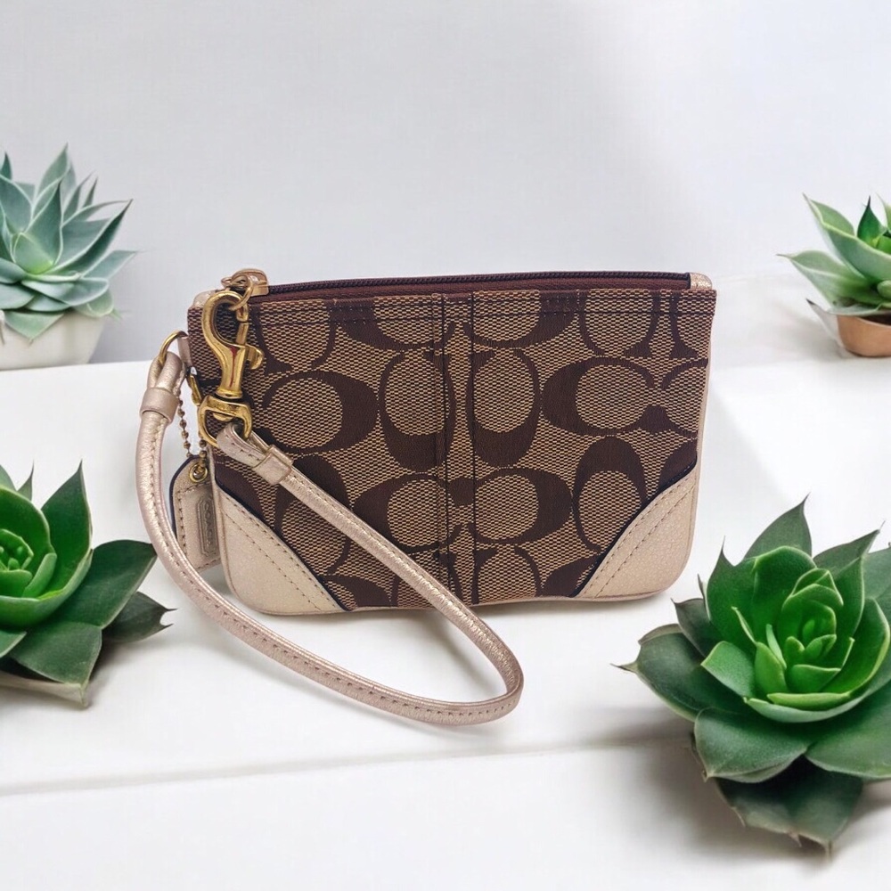 Coach Khaki Canvas Metallic Gold Wristlet